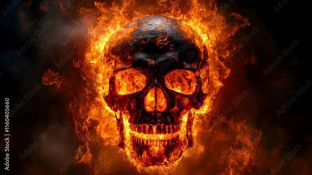 Burning Skull Engulfs in Flames Dangerously with Smoke Background Burning Skull Engulfs in Flames Dangerously with Smoke Background