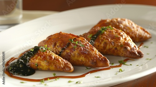 Four crispy fried pastries drizzled with dark sauce on a white plate. photo