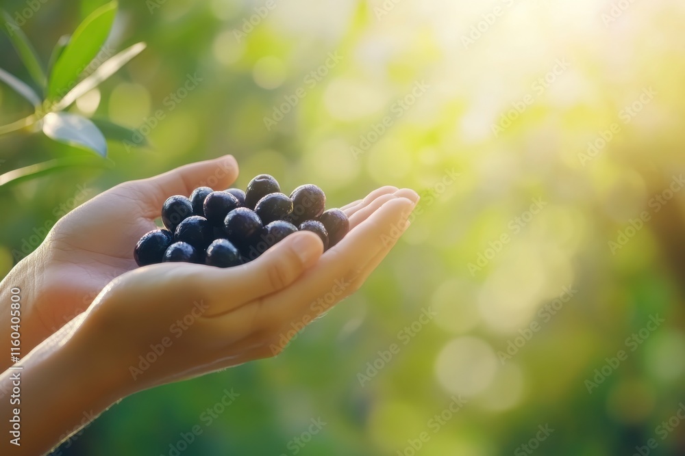 Freshly harvested organic blueberries held in hands with a sunlit blurred green background emphasizing nature's bounty and healthy eating for farm-to-table lifestyle. Freshly harvested organic blueberries held in hands with a sunlit blurred green background emphasizing nature's bounty and healthy eating for farm-to-table lifestyle.