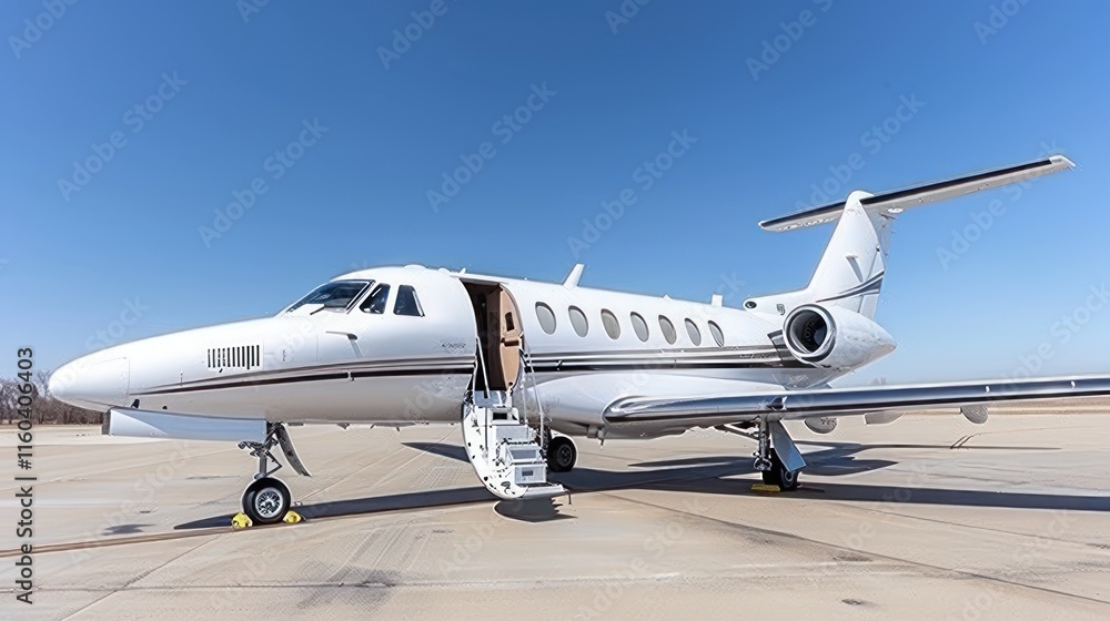 White private jet on tarmac, steps deployed, clear day. White private jet on tarmac, steps deployed, clear day.