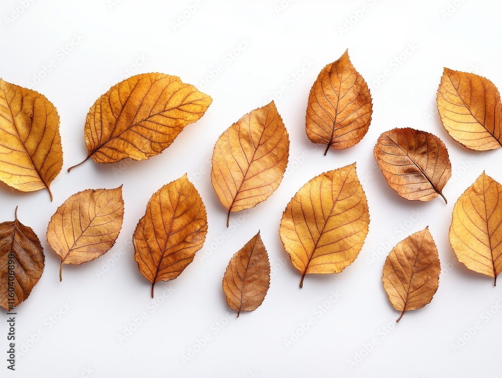 A collection of dried autumn leaves arranged artistically on a white background. A collection of dried autumn leaves arranged artistically on a white background.