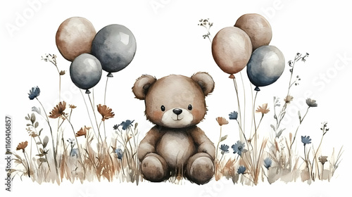 Cute Bear Sits in Wildflowe...