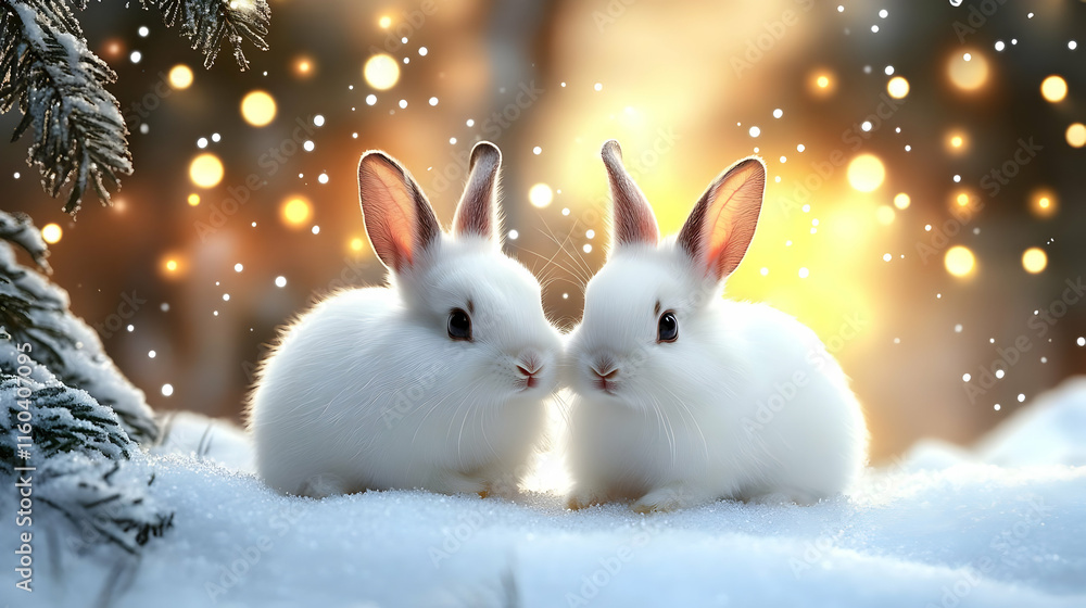 Two White Rabbits Huddle in Winter Snow, Enjoying Warm Sunlight Two White Rabbits Huddle in Winter Snow, Enjoying Warm Sunlight