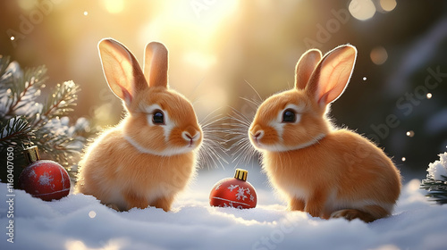 Bunnies Enjoy Winter Wonderland with Festive Ornaments Adorably
