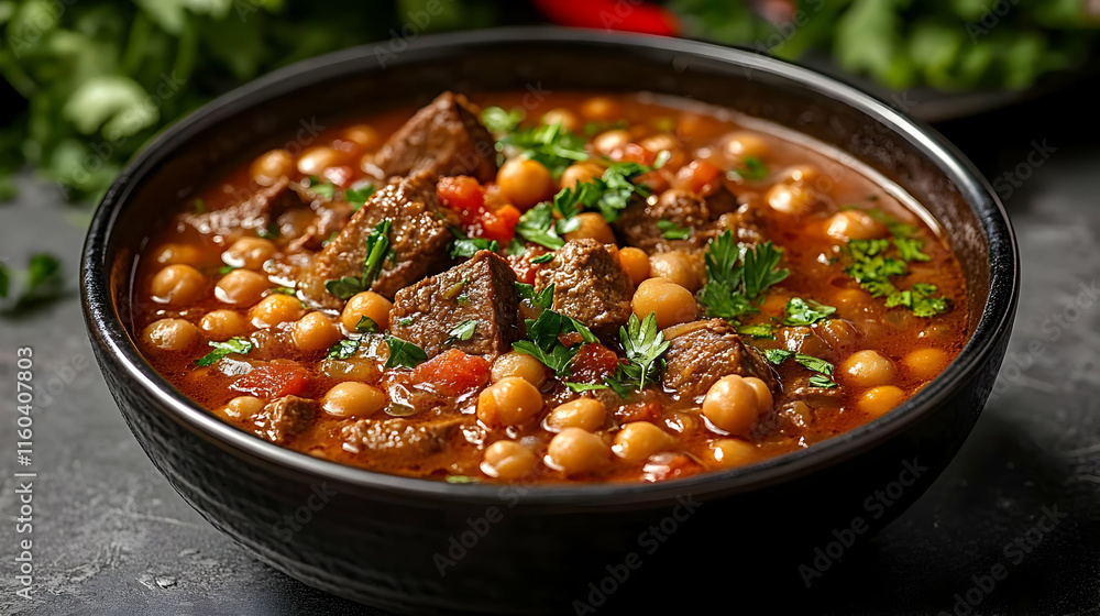 Hearty Stew with Chickpeas, Beef, and Vegetables in a Bowl is Served Hot and Fresh Hearty Stew with Chickpeas, Beef, and Vegetables in a Bowl is Served Hot and Fresh