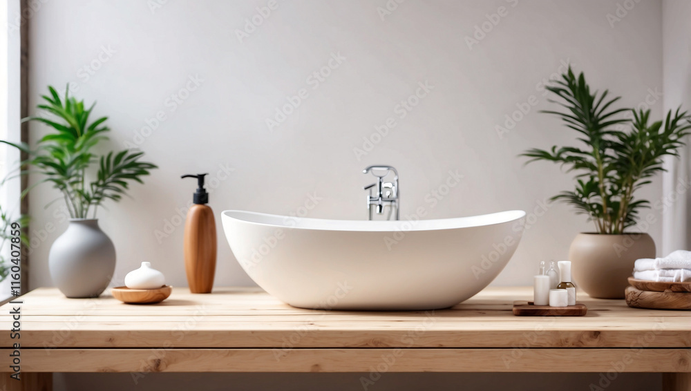 A Chic White Bathroom Interior Showcasing an Empty Wooden Bathtub A Chic White Bathroom Interior Showcasing an Empty Wooden Bathtub