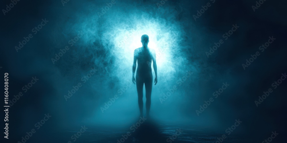 Man is standing in a misty blue fog Man is standing in a misty blue fog