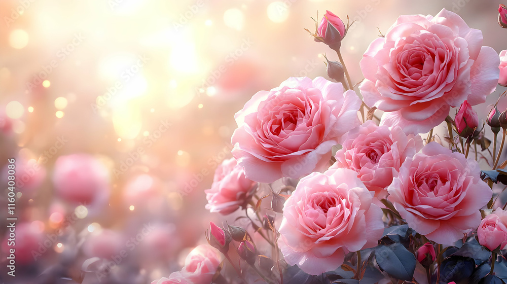 Pink Roses Bloom Beautifully in Soft Sunlight with a Dreamy Bokeh Background. Pink Roses Bloom Beautifully in Soft Sunlight with a Dreamy Bokeh Background.
