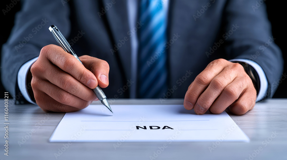 Non-Disclosure agreement. A businessman signs an NDA document with a pen on a wooden desk. Non-Disclosure agreement. A businessman signs an NDA document with a pen on a wooden desk.