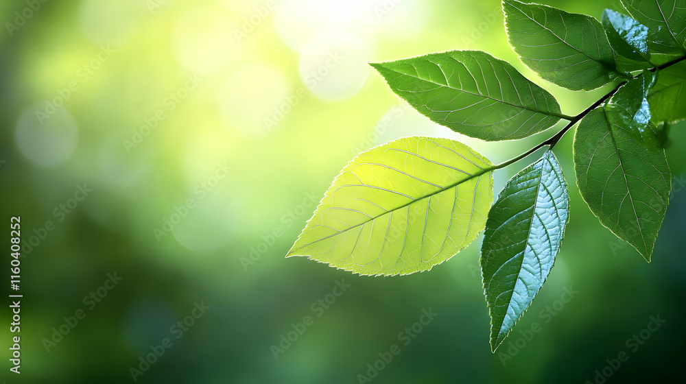 Sunlight illuminates fresh green leaves on a branch, creating a vibrant natural scene in a lush forest. Sunlight illuminates fresh green leaves on a branch, creating a vibrant natural scene in a lush forest.