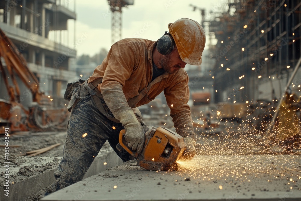 A construction worker using a power tool, creating sparks on a worksite. A construction worker using a power tool, creating sparks on a worksite.