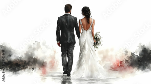 Fototapeta Naklejka Na Ścianę i Meble -  Couple Walks Away Together After Wedding Ceremony