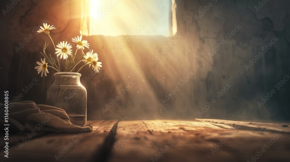 Obraz premium Sunbeams illuminate daisies in a rustic glass jar on a wooden table.