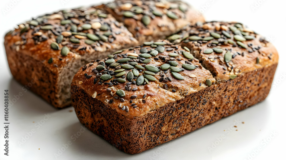 Freshly Baked Whole Grain Bread Loaves Topped with Seeds on White Surface