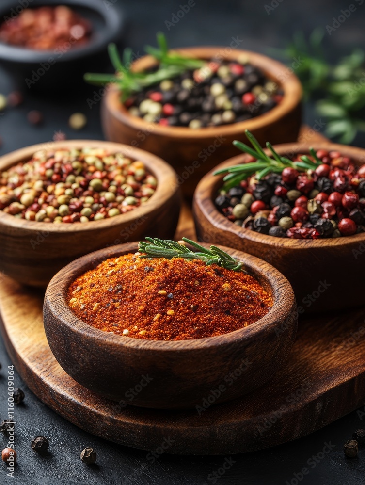 A collection of spices in wooden bowls, showcasing vibrant colors and textures. A collection of spices in wooden bowls, showcasing vibrant colors and textures.