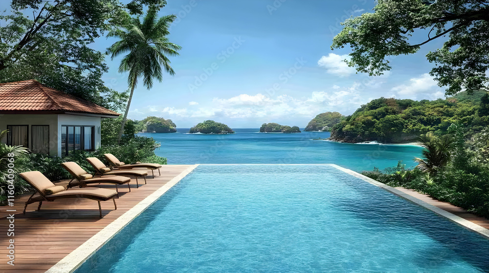 Infinity Pool Overlooks Tranquil Tropical Ocean with Lush Greenery and Stunning View. Infinity Pool Overlooks Tranquil Tropical Ocean with Lush Greenery and Stunning View.