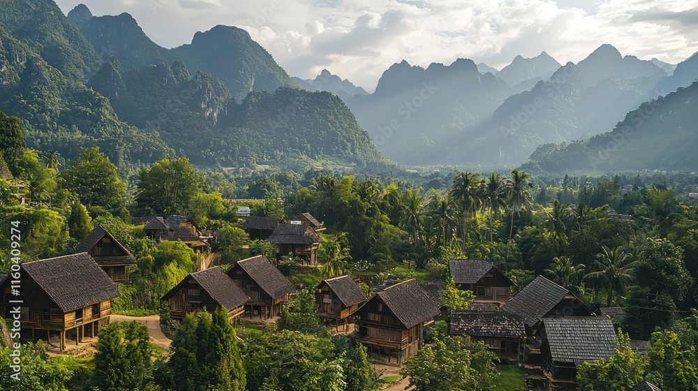 Mountain Village Houses Nestled Among Lush Green Hills Mountain Village Houses Nestled Among Lush Green Hills