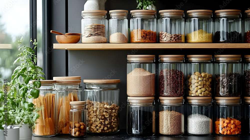 Glass Jars Filled with Grains, Pasta, and Dried Ingredients Neatly Displayed on Shelves in Kitchen Setting Glass Jars Filled with Grains, Pasta, and Dried Ingredients Neatly Displayed on Shelves in Kitchen Setting