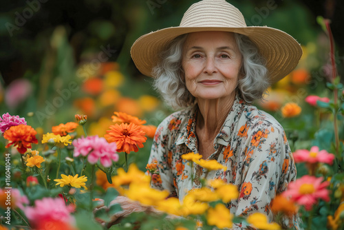 elderly woman in the garden smiling look at camera, grandmother happy lifestyle.