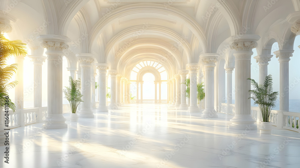 White Hallway Shines with Marble Floor, Pillars, and Archways Beautifully White Hallway Shines with Marble Floor, Pillars, and Archways Beautifully