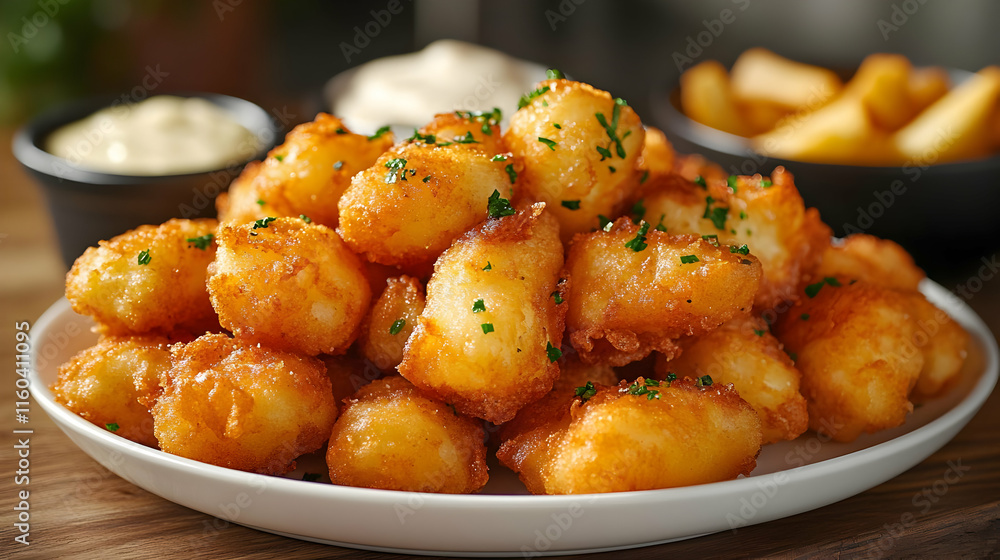 Crispy Fried Potato Balls Garnished with Parsley on a White Plate with Dipping Sauces Crispy Fried Potato Balls Garnished with Parsley on a White Plate with Dipping Sauces