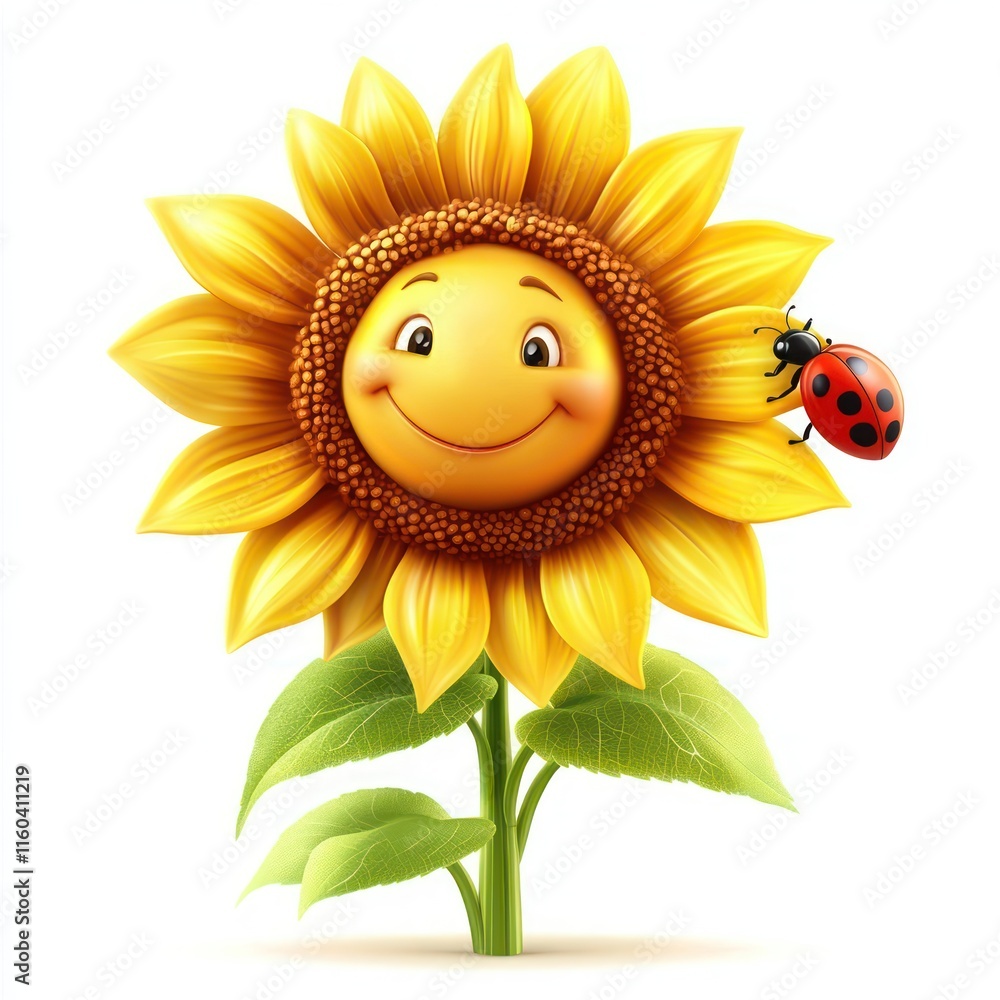 A smiling sunflower with a ladybug. vector style art 3d illustration Isolated on White Background A smiling sunflower with a ladybug. vector style art 3d illustration Isolated on White Background