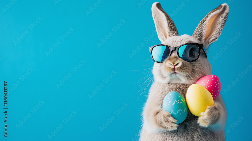 Cool bunny in glasses with Easter eggs on blue studio background Cool bunny in glasses with Easter eggs on blue studio background
