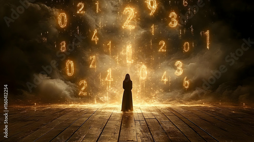 Numbers Magic with Light and Shadow on a Wooden Floor