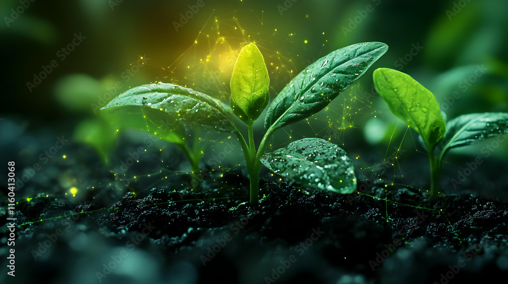 Seedlings Grow in Rich Soil with Glowing Network Overlay Seedlings Grow in Rich Soil with Glowing Network Overlay