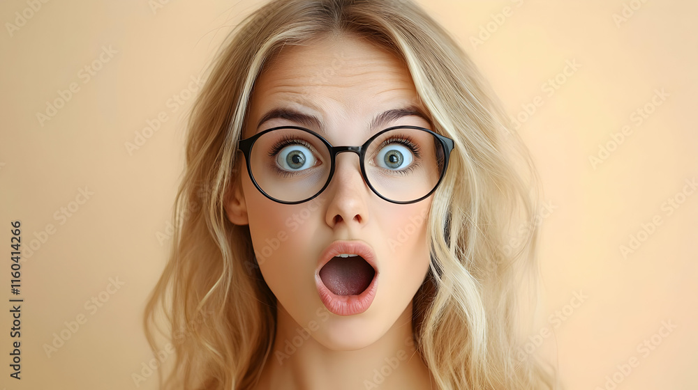 Surprised Blonde Woman Opens Mouth Wide in Amazement and Shock with Large Eyes and Glasses Surprised Blonde Woman Opens Mouth Wide in Amazement and Shock with Large Eyes and Glasses