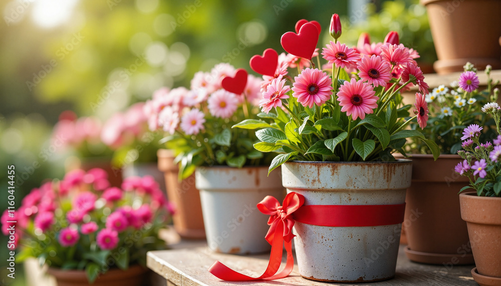 Fototapeta premium Vibrant potted flowers adorned with hearts, Valentine's Day display