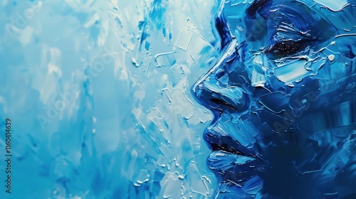 Abstract textured blue face in profile with impasto technique.