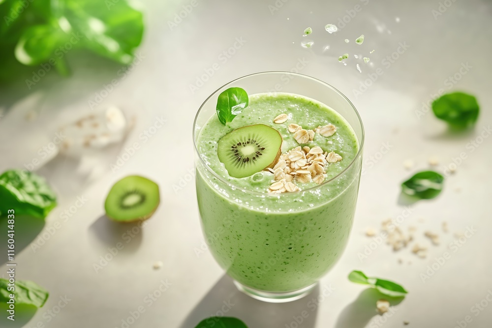 Healthy Green Smoothie with Kiwi, Oats, and Fresh Spinach. Perfect for illustrating diet and lifestyle concepts. Healthy Green Smoothie with Kiwi, Oats, and Fresh Spinach. Perfect for illustrating diet and lifestyle concepts.