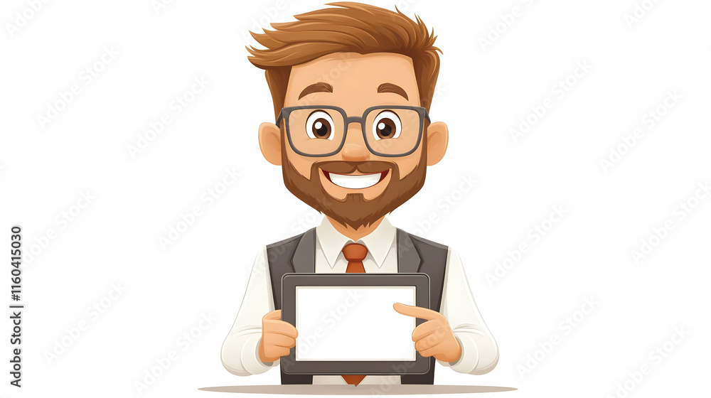 Smiling Businessman Shows Blank Tablet Screen for Advertisement or Presentation Smiling Businessman Shows Blank Tablet Screen for Advertisement or Presentation