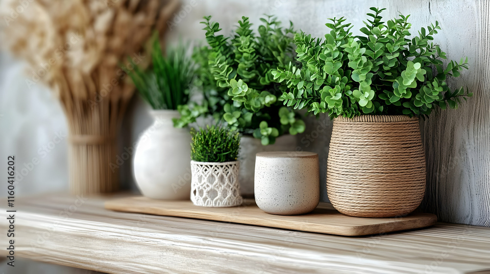 Decorative Plants in Vases Enhance a Wooden Shelf with a Rustic Touch with Natural Elements. Decorative Plants in Vases Enhance a Wooden Shelf with a Rustic Touch with Natural Elements.