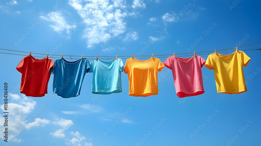 Colorful T-shirts Hanging on Clothesline Against Blue Sky with Fluffy Clouds Colorful T-shirts Hanging on Clothesline Against Blue Sky with Fluffy Clouds
