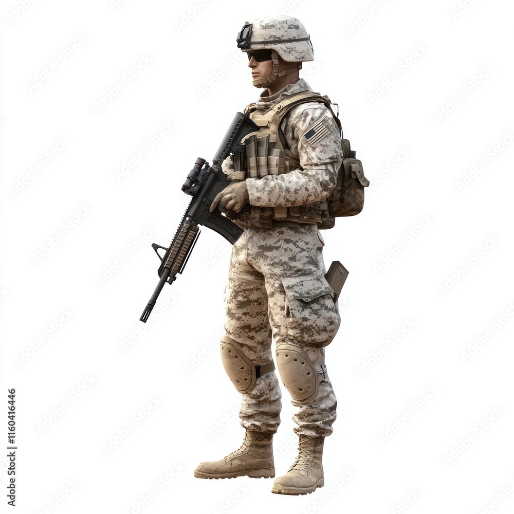A soldier in camouflage, holding a rifle. vector style art 3d illustration Isolated on White Background A soldier in camouflage, holding a rifle. vector style art 3d illustration Isolated on White Background