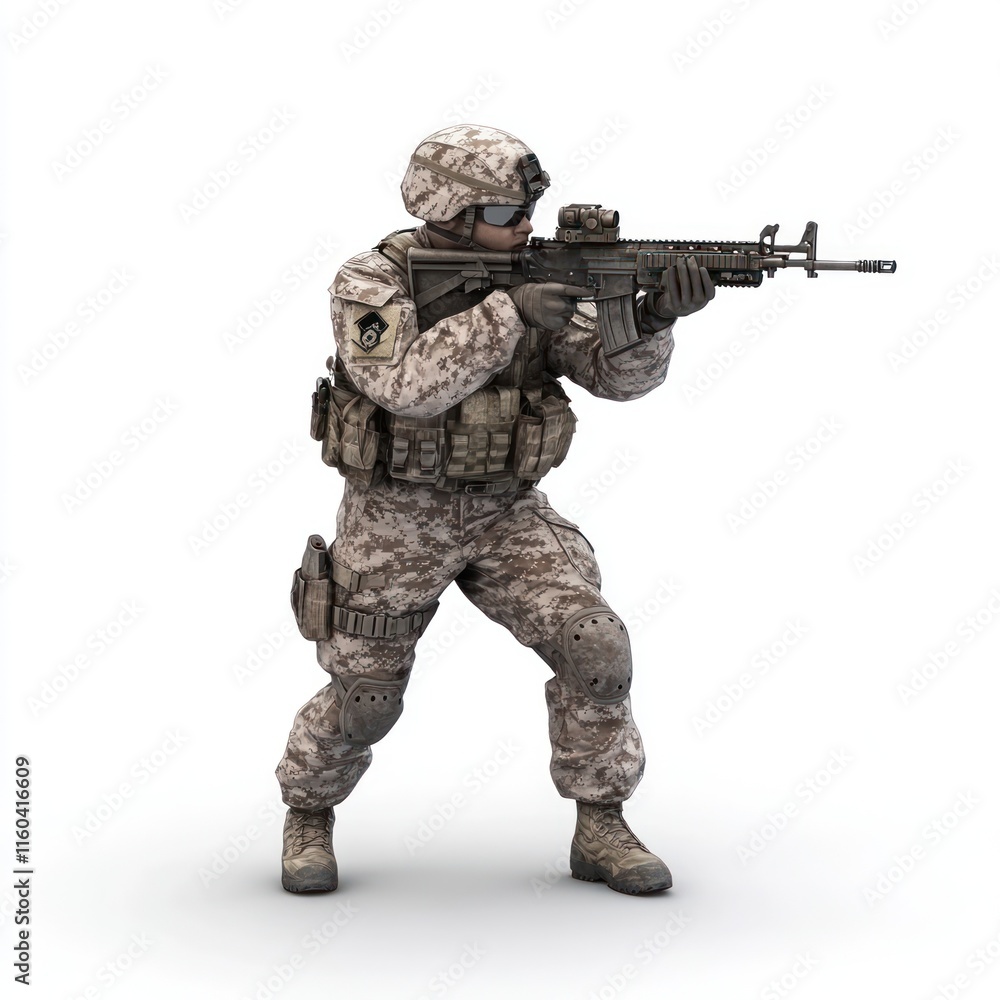 A soldier in camouflage, holding a rifle. vector style art 3d illustration Isolated on White Background A soldier in camouflage, holding a rifle. vector style art 3d illustration Isolated on White Background