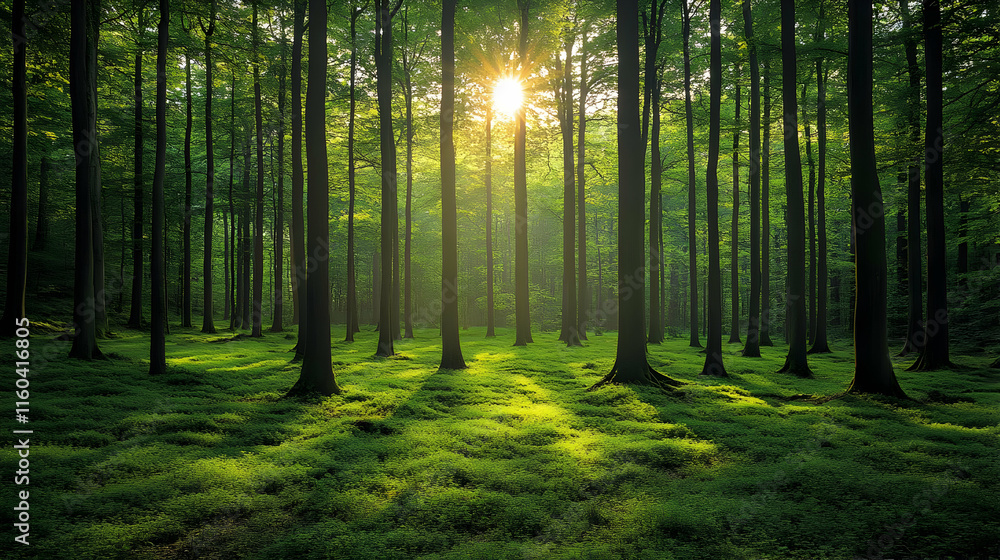 Obraz premium Sunbeams illuminate a lush green forest floor, creating a magical atmosphere of tranquility.