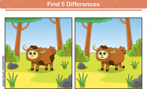 Funny cartoon sheep. Find 5 differences. Kids Education games. Cartoon vector illustration