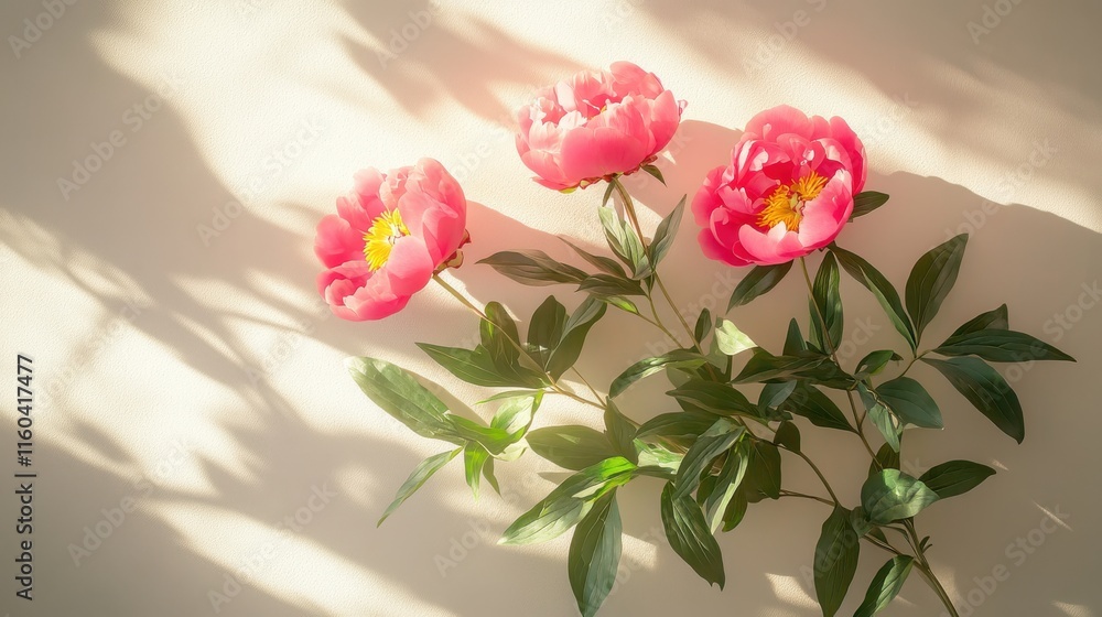 Pink peonies and lush greenery on taupe background with sunlight Pink peonies and lush greenery on taupe background with sunlight