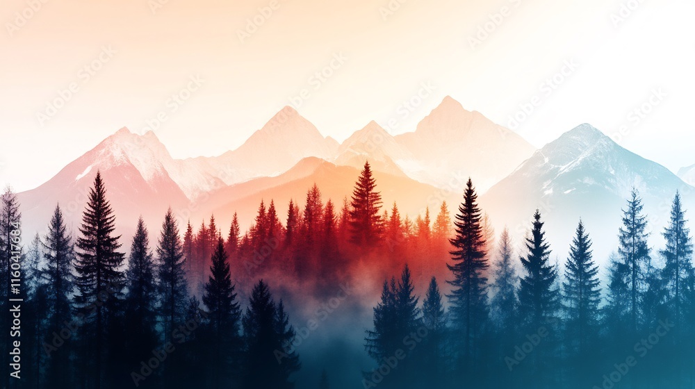 Obraz premium Stunning Digital Painting: Serene Mountain Forest at Sunrise. AI Generated