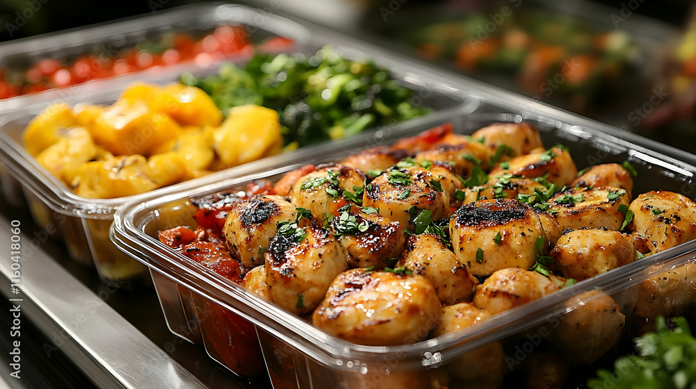 Delicious Grilled Chicken with Herbs and Spices Sits in Plastic Containers Beautifully Arranged and Ready to Eat. Delicious Grilled Chicken with Herbs and Spices Sits in Plastic Containers Beautifully Arranged and Ready to Eat.