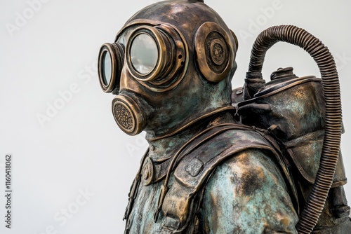 A bronze sculpture of a vintage diver in a gas mask with a backpack. photo