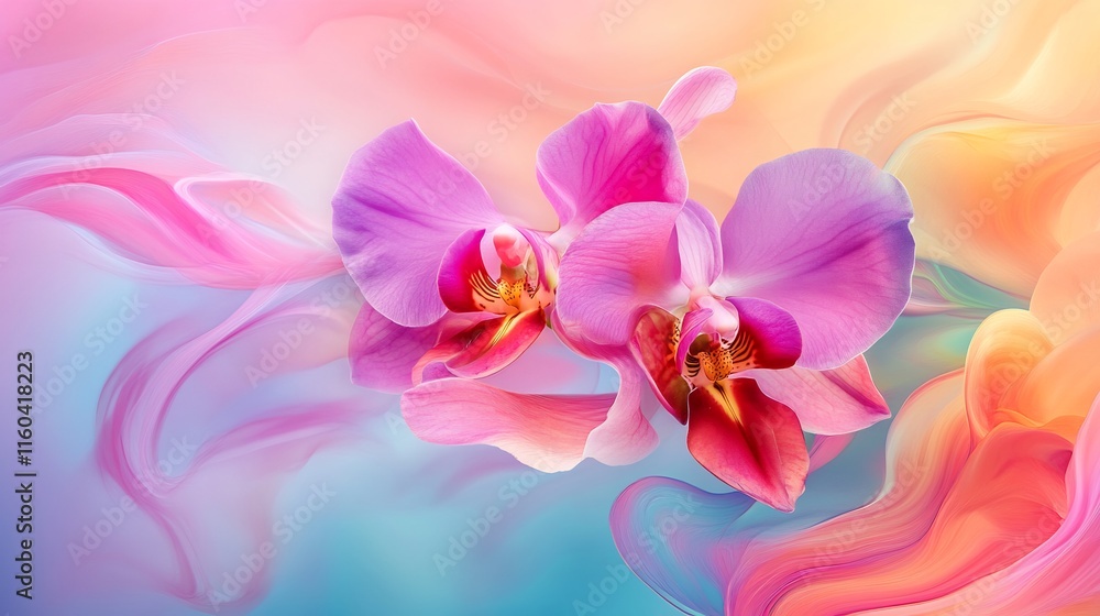 Obraz premium Vibrant Orchid Bloom: Close-Up Digital Painting in Dreamy Pastel Style. AI Generated