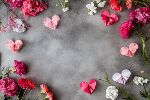 frame from paper hearts with flowers on gray background with copy space for Valentine's Day celebration  