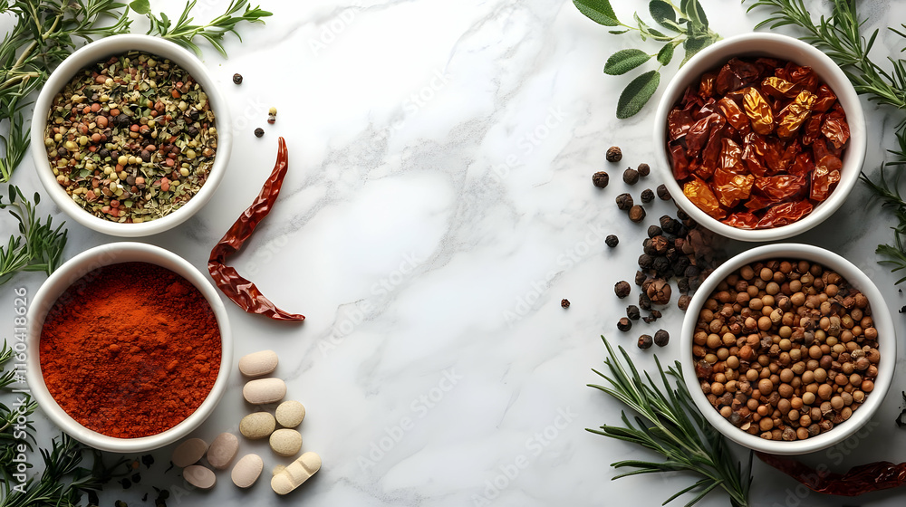 Assorted Spices and Herbs Beautifully Arranged on a Marble Countertop with Supplements Assorted Spices and Herbs Beautifully Arranged on a Marble Countertop with Supplements