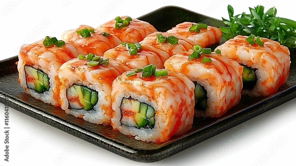 Delicious Shrimp Sushi Rolls with Avocado and Green Onions, Served Beautifully on a Plate Delicious Shrimp Sushi Rolls with Avocado and Green Onions, Served Beautifully on a Plate