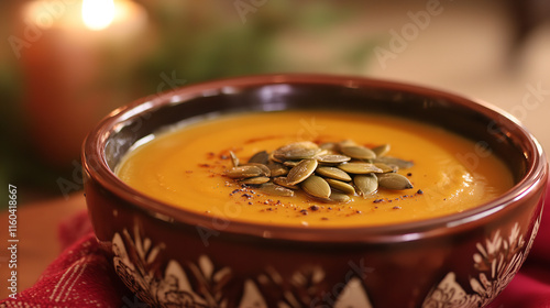 The flatlay food photography of a delicious orange pumpkin cream soup in a bowl, placed on a wooden table, surrounded by autumn leaves and decorations, Thanksgiving Day holiday vibes