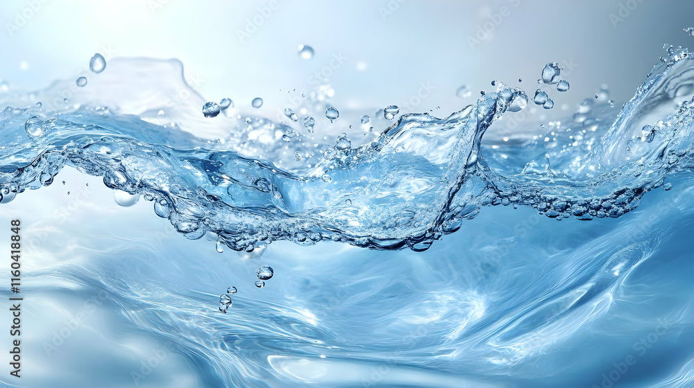 Clear Water Splashes and Creates Bubbles Dynamically on a Soft Blue Background. Clear Water Splashes and Creates Bubbles Dynamically on a Soft Blue Background.